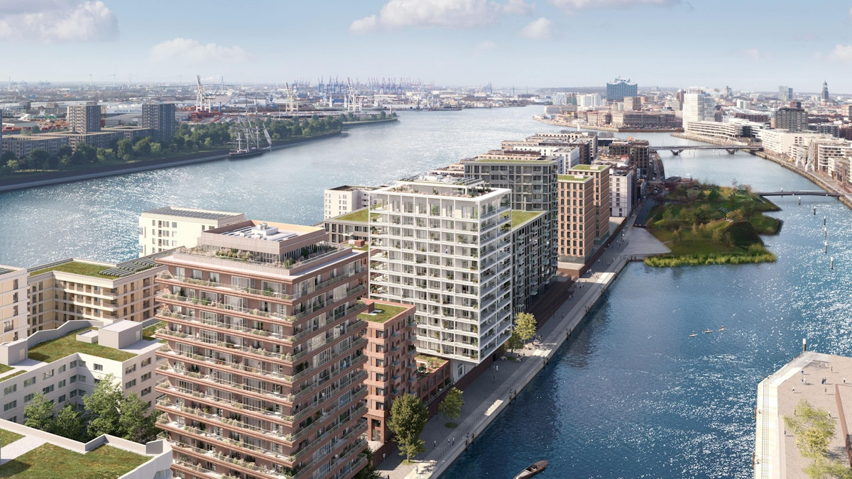Rendering Digital Art Museum mit Wasser der Elbe, Ansicht schräge Vogelperspektive