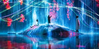 Three people interacting with an immersive digital art installation featuring flowing water particles and vibrant floral projections.